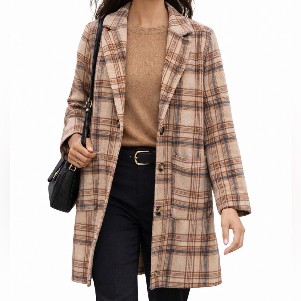 Plaid Tan Pea Coat for Women | Women’s Light Coat | Large